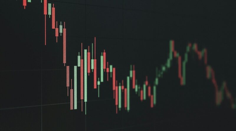 Candlestick stock chart on a dark screen showing a declining trend