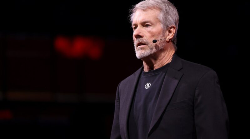 Michael Saylor speaking on stage at Bitcoin 2025 in Las Vegas