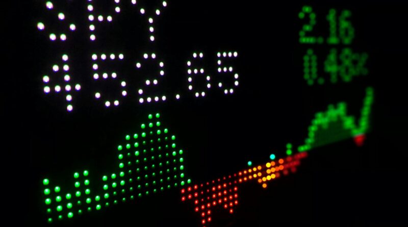 Digital stock ticker display showing an index fund price with a trend line