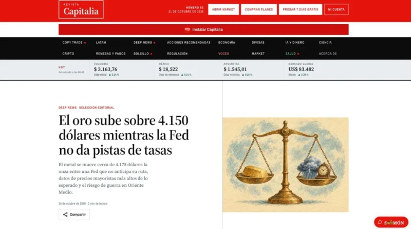 The front page of Revista Capitalia, a Spanish-language finance magazine for Latin America, with live exchange rates for Colombia, Mexico and Argentina and the Salomón AI assistant button